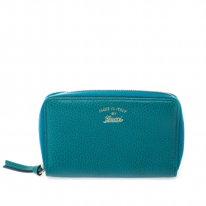 Gucci Teal Leather Logo Zip Around Wallet