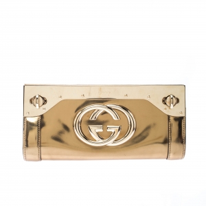 مملوكة مسبقًا Gucci Gold Leather G Interlocking Frame Clutch