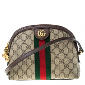 Pre Owned Gucci Beige/Ebony GG Supreme Coated Canvas and Leather Small Ophidia Crossbody Bag