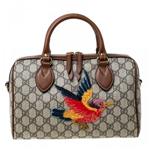 Pre Owned Gucci Beige/Brown GG Supreme Canvas Limited Edition Bird Boston Bag