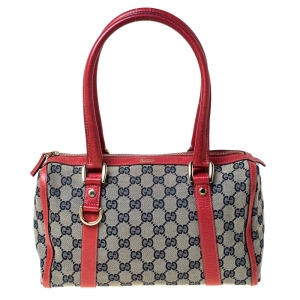 Pre Owned Gucci Beige/Red GG Canvas and Leather D-Ring Boston Bag