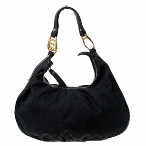 Pre Owned Gucci Black GG Canvas and Leather Hobo
