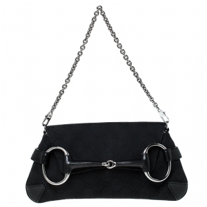 Pre Owned Gucci Black GG Canvas and Leather Horsebit Chain Clutch