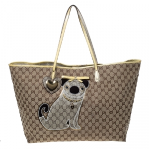 Pre Owned Gucci Beige/Yellow GG Canvas and Patent Leather Oversize Guccioli Oliver Embroidery Tote
