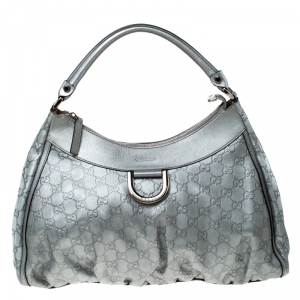 مملوكة مسبقًا Gucci Silver Guccissima Leather Large D Ring Hobo