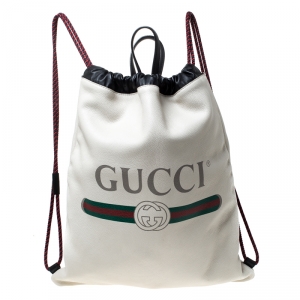 Pre Owned Gucci Cream Drawstring Print Leather Backpack