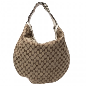 Pre Owned Gucci Beige/Cream GG Canvas and Leather Large Wave Hobo