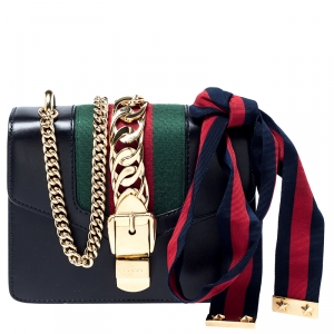 Pre Owned Gucci Black Leather Mini Web Chain Sylvie Shoulder Bag