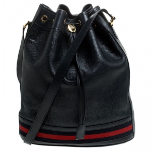 Pre Owned Gucci Black Web Leather Drawstring Bucket Bag