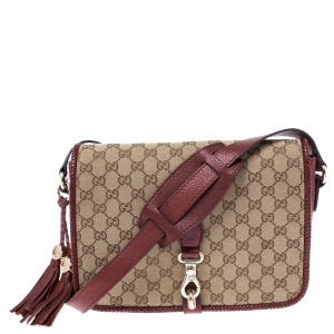 Pre Owned Gucci Beige/Maroon GG Canvas and Leather Medium Marrakech Tassel Shoulder Bag