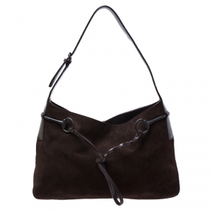 Pre Owned Gucci Dark Brown Suede and Leather Horsebit Shoulder Bag