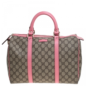 Pre Owned Gucci Beige/Pink GG Supreme Canvas and Leather Medium Joy Boston Bag