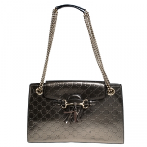 مملوكة مسبقًا Gucci Olive Green Guccissima Patent Leather Large Emily Chain Shoulder Bag