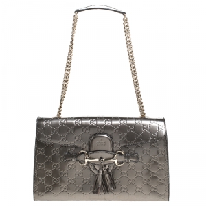 مملوكة مسبقًا Gucci Olive Green Guccissima Patent Leather Medium Emily Chain Shoulder Bag