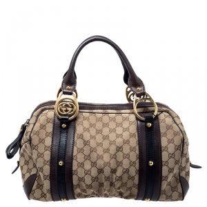 Pre Owned Gucci Beige/Brown GG Canvas and Leather G Interlocking Bowler Bag