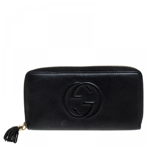 Gucci Black Leather Tassel Zip Around Wallet