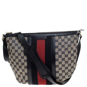 Pre Owned Gucci Blue GG Canvas and Leather Web Messenger Bag