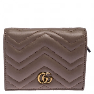 Pre Owned Gucci Dark Beige Matelasse Leather GG Marmont Card Case