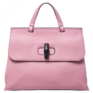 Pre Owned Gucci Pink Leather Medium Bamboo Daily Top Handle Bag