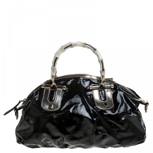 Pre Owned Gucci Black Coated Canvas and Leather Pop Bamboo Satchel