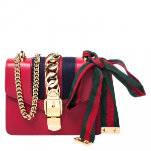 Pre Owned Gucci Red Leather Mini Web Chain Sylvie Shoulder Bag