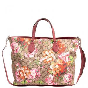 Pre Owned Gucci Gray/Brown GG Blooms Coated Canvas Shopper Tote Bag