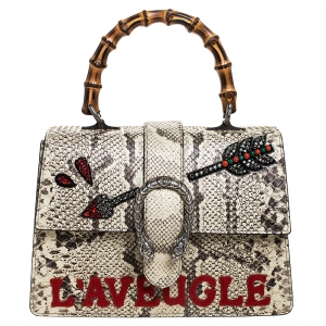 Gucci Cream Embroidered Python Medium Dionysus Bamboo Top Handle Bag 