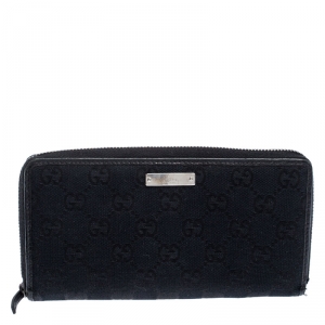 Gucci Black GG Canvas and Leather Zip Around Wallet