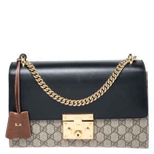 Pre Owned Gucci Black/Brown GG Supreme Coated Canvas Medium Padlock Shoulder Bag 