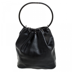 Pre Owned Gucci Black Leather Hoop Handle Bucket Bag