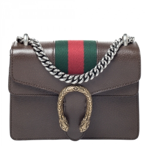 Pre Owned Gucci Brown Leather Mini Web Dionysus Shoulder Bag