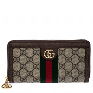 Gucci Brown/Beige GG Supreme Canvas and Leather Ophidia Zip Around Wallet