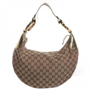 Pre Owned Gucci Brown GG Canvas Gold Bamboo Ring Hobo Bag