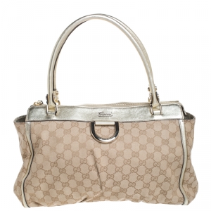 Pre Owned Gucci Gold/Beige GG Canvas Abbey D-Ring Satchel