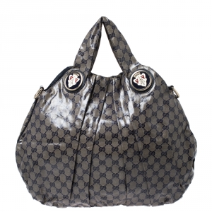 Pre Owned Gucci Navy Blue/Beige GG Crystal Canvas Large Hysteria Hobo