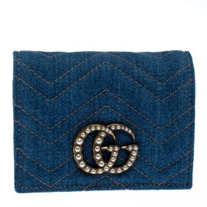 Gucci Blue Matelasse Denim GG Pearl Marmont Compact Wallet