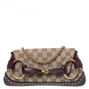 Gucci Beige/Burgundy GG Canvas and Leather Studded Horsebit Chain Clutch