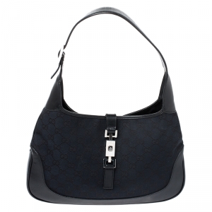 Pre Owned حقيبة كتف غوتشي جاكي اوه جلد وكانفاس GG سوداء