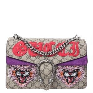 مملوكة مسبقًا Gucci Multicolor GG Supreme Canvas Embroidered Cat Small Dionysus Shoulder Bag