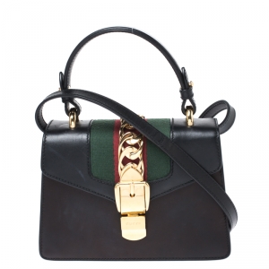 Pre Owned Gucci Black Leather Mini Sylvie Top Handle Bag