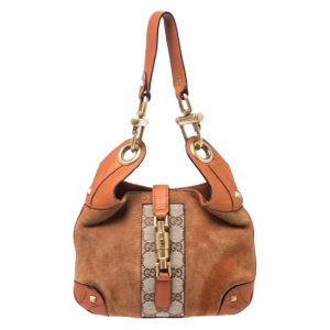 Pre Owned Gucci Orange/Beige GG Canvas, Suede and Leather Small Jackie Nailhead Hobo