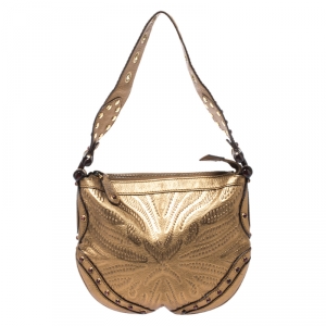 مملوكة مسبقًا Gucci Gold Embossed Leather Small Studded Pelham Hobo