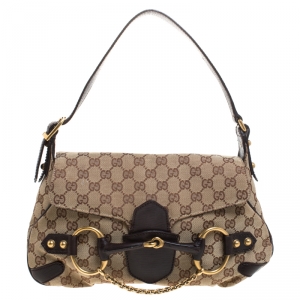 Pre Owned Gucci Beige/Brown GG Canvas and Leather Horsebit Shoulder Bag