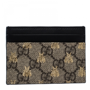 Gucci Black/Beige GG Supreme Canvas Bees Card Holder