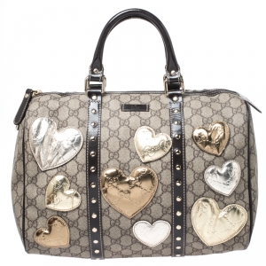 مملوكة مسبقًا Gucci Beige/Ebony GG Supreme Coated Canvas Medium Hearts Joy Boston Bag