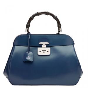 Pre Owned Gucci Blue Leather Large Lady Lock Bamboo Top Handle Satchel