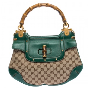 Pre Owned Gucci Beige/Green Canvas and Leather Peggy Bamboo Top Handle Bag