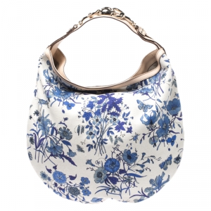Pre Owned Gucci White/Blue Floral Canvas and Leather Wave Horsebit Hobo