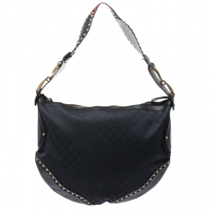 مملوكة مسبقًا Gucci Black GG Canvas and Leather Large Studded Pelham Hobo