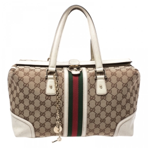 مملوكة مسبقًا Gucci White GG Canvas and Leather Large Web Treasure Boston Bag